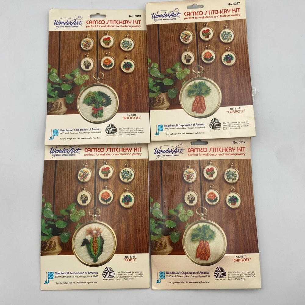 WonderArt Cameo Stitchery Kit Lot of 4 Vintage Broccoli Corn Carrots